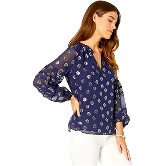 NWT LILLY PULITZER GIANA SILK TOP TRUE NAVY SEAGRASS METALLIC CLIP CHIFFON - Picture 6 of 8